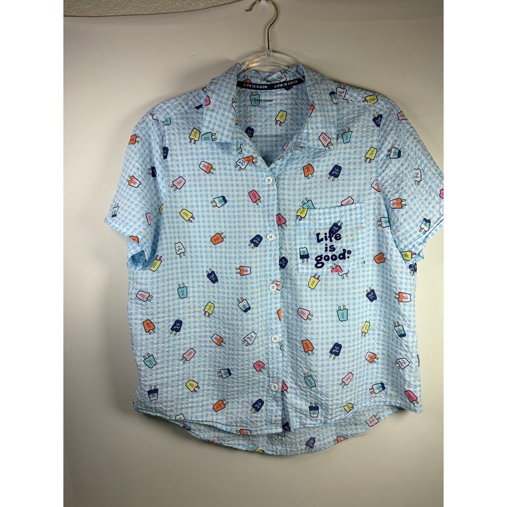 Life is Good Gingham Popsicle PJ Top Button Down Short Sleeve Size large